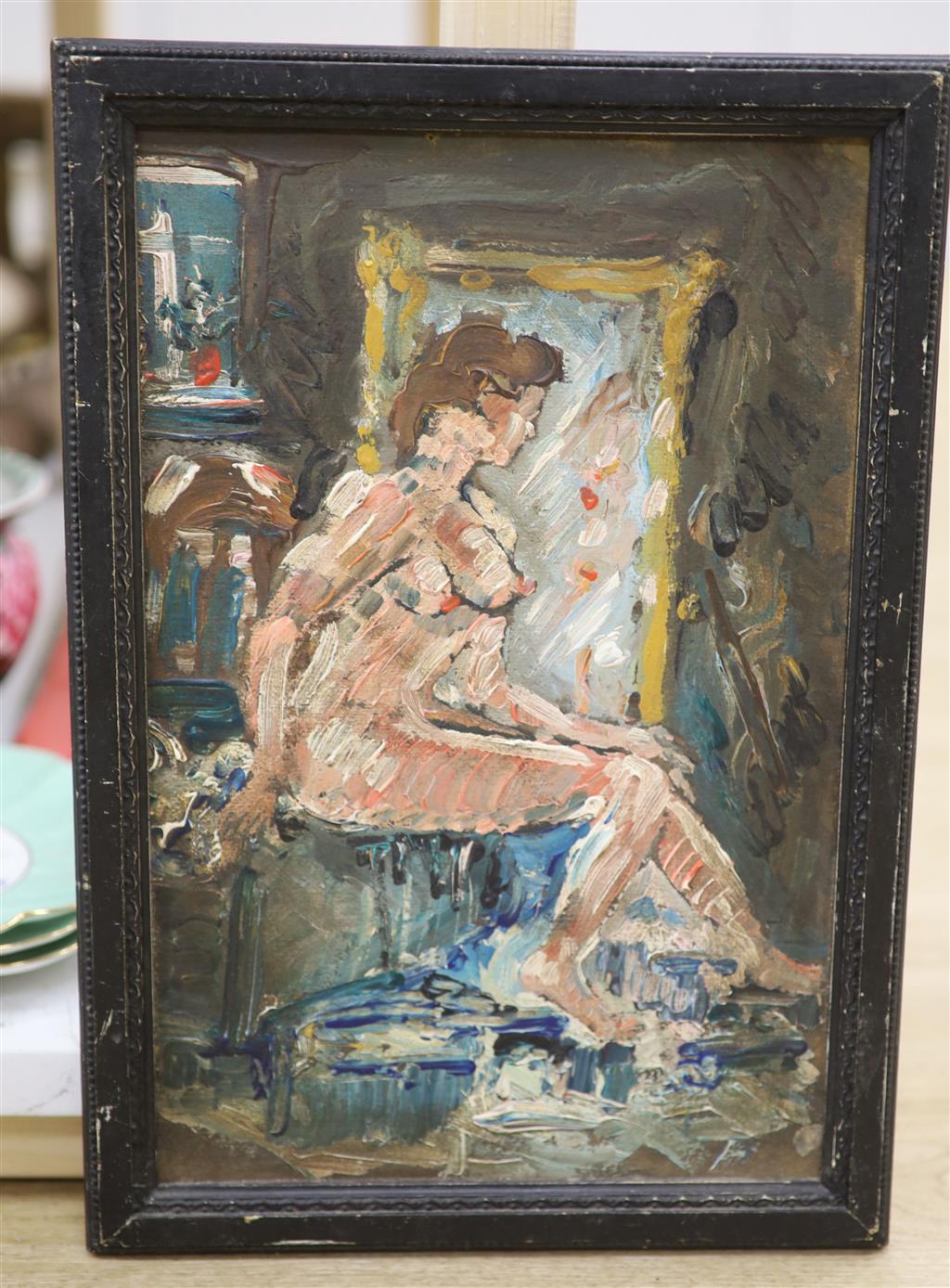 Modern British, oil on card, Seated female nude, 36 x 23cm